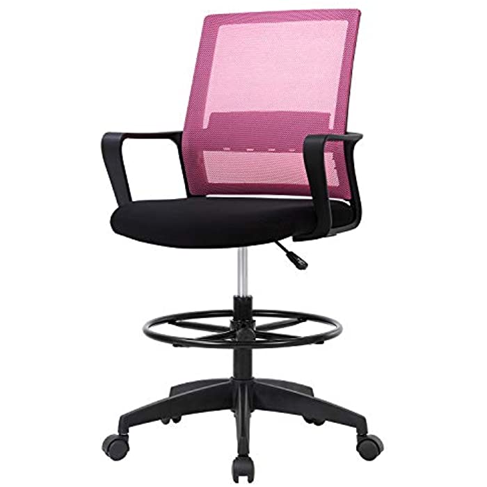 Drafting Chair Tall Office Chair Mesh Ergonomic Mid-Back Desk Chair with Adjustable Foot Ring for Executive Computer Standing Desk (Pink)