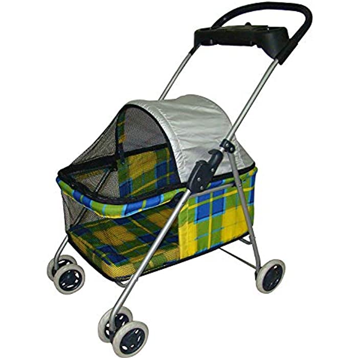 New BestPet Yellow Plaid Posh Pet Stroller Dogs Cats w/Cup Holder