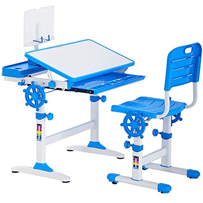 FDW Kids Desk Student Desk Ergonomic Height Adjustable Study Desk with Pencil Case,Bookstand,Blue