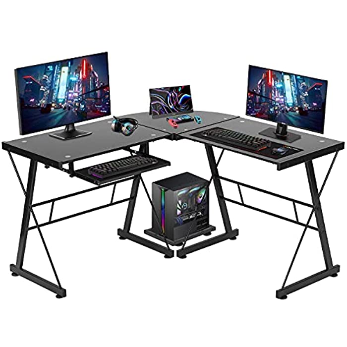 L Shaped Computer Desk,Gaming Desk Home Office Corner Desk Toughened Glass Writing Study PC Modern Executive Table with Keyboard CPU Stand for Kids Student Women Men