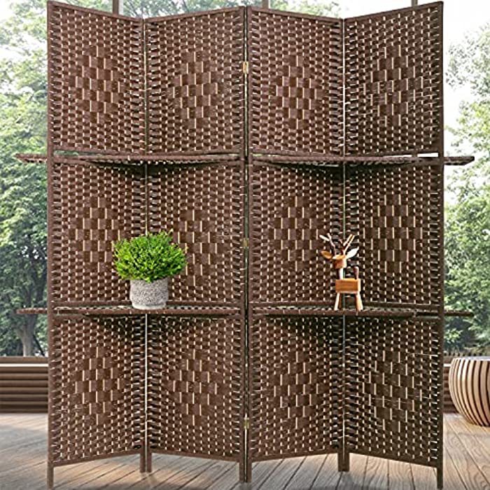 Room Divider 4 Panels Wood Frame Foldable Portable Separator Screen Folding Wall Dividers with Removable Storage Shelves for Home Living Room,Brown