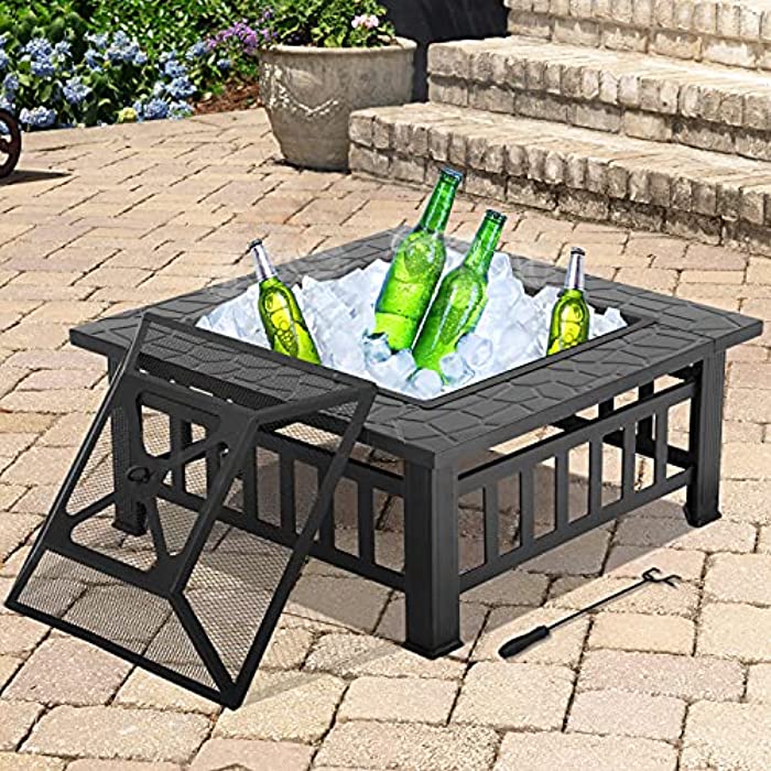 Outdoor Fire Pit 32 inch Square Metal Firepit for Patio Wood Burning Fireplace Garden Stove with Charcoal Rack Mesh Cover for Camping Picnic Bonfire Backyard Outdoor Heating