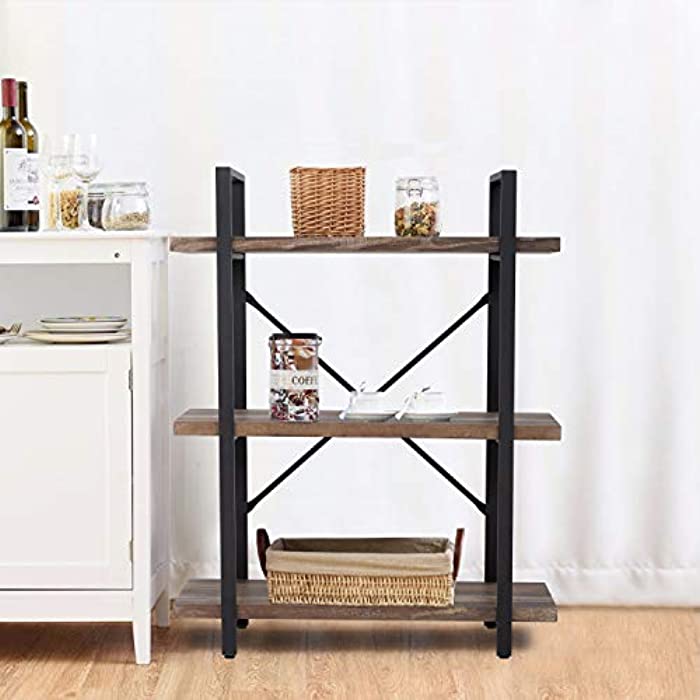 Bookshelf Storage Industrial Bookcase Shelf Modern Wood Book Shelf Unit with Metal Frame for Home Office Living Room (3-Tier)