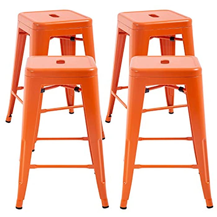 Metal Bar Stools Set of 4 Counter Height Barstool 24 Inches Industrial Bar Chairs Patio Stool Stackable Backless Stool Indoor Outdoor Metal Kitchen Stools Bar Chairs,Orange