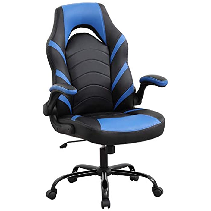 Home Office Chair PC Gaming Chair Adjustable Computer Chair with Lumbar Support PU Leather Rolling Swivel Desk Chair Ergonomic Flip-up Arms E-Sport Racing Chair for Men(Blue)