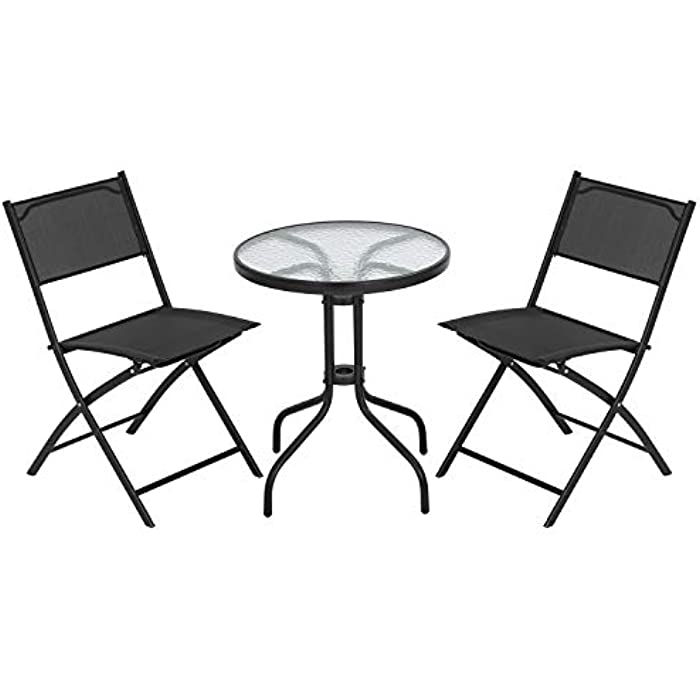 FDW Bistro Table Set 3 Piece Patio Set Small Patio Set Balcony Chairs Set of 2 Tempered Glass Tabletop with 2 Folding Chairs Conversation Set (Black)