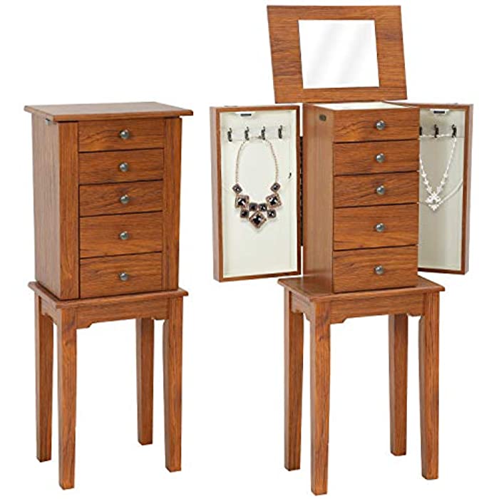 Standing Jewelry Cabinet Armoire 5 Drawers 2 Side Doors And 8 Necklace Hooks Wood Storage Cabinet Chest With Top Storage Organizer Flip Mirror (Brownï¼‰