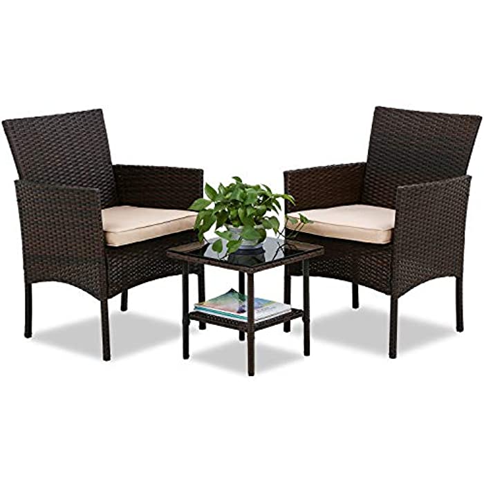 FDW 3 Pieces Patio Set Outdoor Patio Furniture Sets Wicker Bistro Set Rattan Chair Conversation Sets Garden Porch Furniture Sets for Yard and Bistro with Coffee Table,Brown