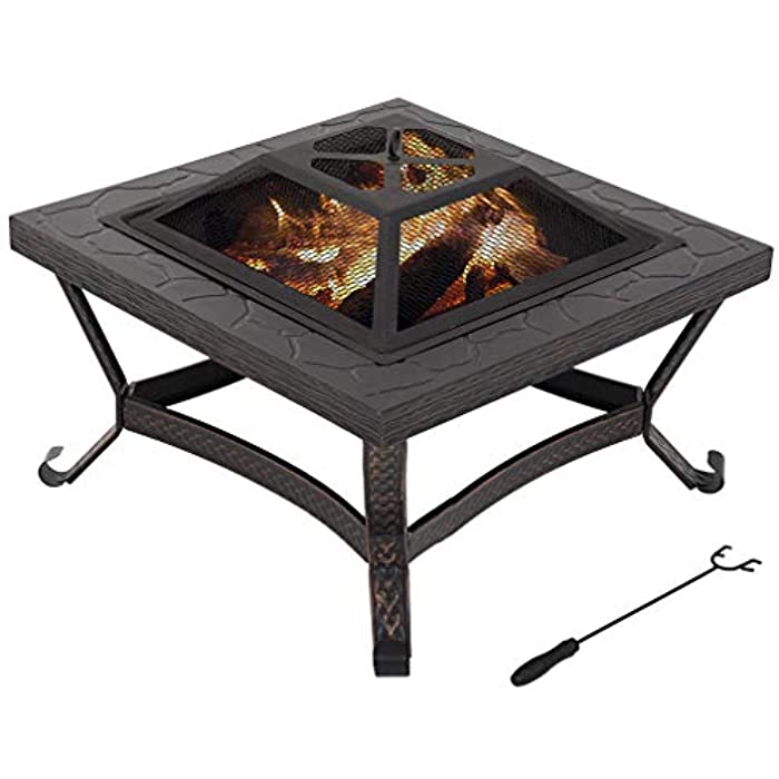 26" Outdoor Fire Pit Square FirePit Metal Fire Bowl Fireplace Backyard Patio Garden Stove with Spark Screen and Safety Poker