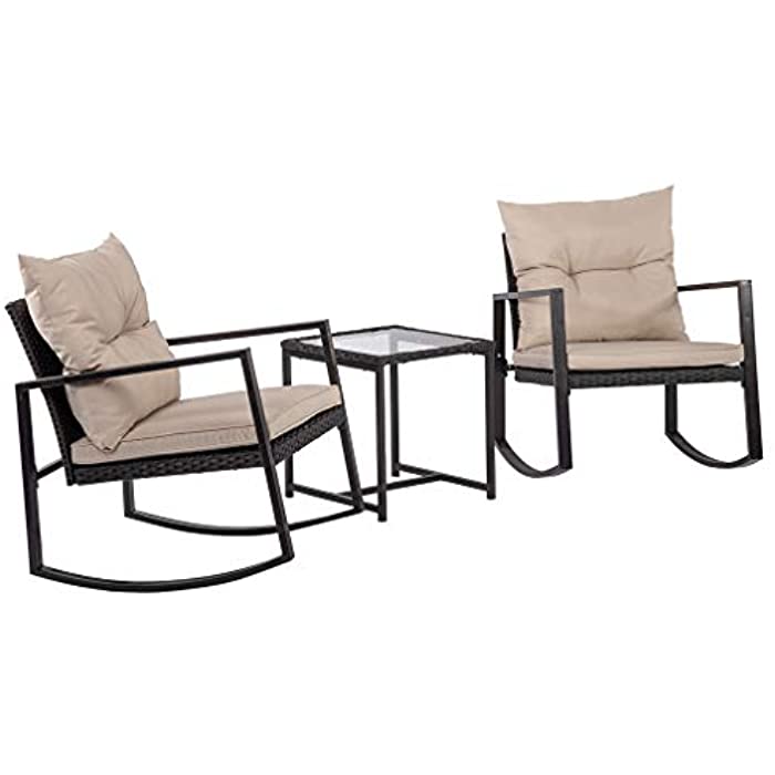 FDW Patio Wicker Furniture Set 3PCS Outdoor Rocking Chair Rattan Sofa Garden Coversation Set with Two Chairs and One Coffee Table