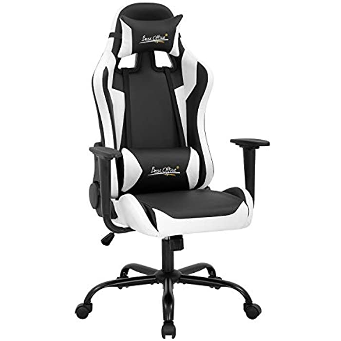Gaming Chair Racing Chair Computer Chair with Lumbar Support Headrest Armrest Task Rolling Swivel Desk Chair PU Leather Adjustable PC Office Chair Ergonomic E-Sports Chair White