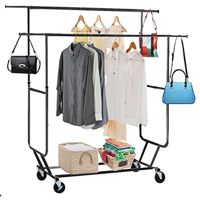 BestOffice Commercial Grade Collapsible Clothing Rolling Double Garment Rack Hanger (Black)