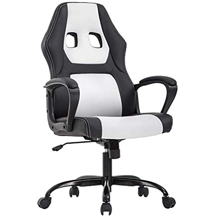 Racing Home Office Chair, Ergonomic Executive PU Gaming Chair, Rolling Metal Base Swivel Desk Chairs with Arms Lumbar Support Computer Chair for Women,Men(White)