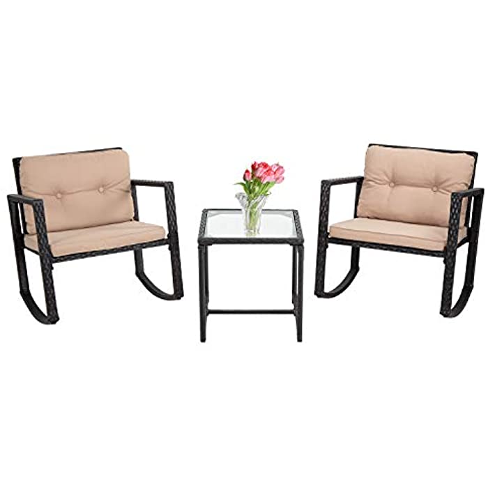 FDW Outdoor Patio Set 3 Piece Rocking Wicker Patio Furniture Modern Bistro Set Conversation Sets with Coffee Table for Yard and Bistro