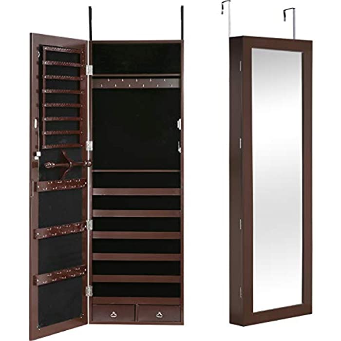 FDW Jewelry Cabinet 47.3" H Wall/Door Mounted Lockable Jewelry Armoire with 2 Drawers 6 Shelves 43.3"×10.6" Mirror High Capacity Jewelry Organizer, Brown