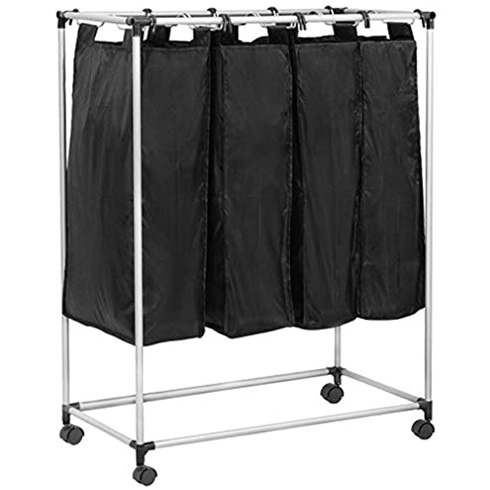 FDW 4 Laundry Sorter with Wheels Large Hamper Sorter Bags 4-Bag Rolling Laundry Sorter Cart Removable Canvas Black Bags Brake Casters Organizer Silver Plating Metal Rack for Laundry Room