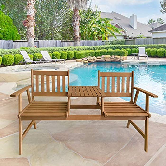 Outdoor Furniture Patio Tete a Tete Garden Bench Chair Patio Conversation Sets Outdoor Patio Loveseat Set Solid Eucalyptus Wood with Umbrella Hole Table for Pool Beach Backyard Balcony,Natural Oiled