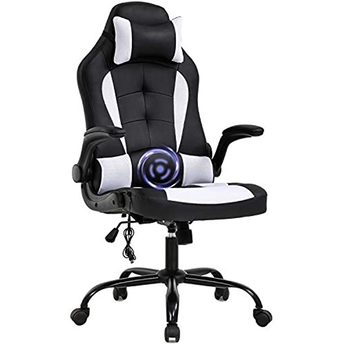 PC Gaming Chair Massage Office Chair Ergonomic Desk Chair Racing Executive PU Leather Computer Chair with Lumbar Support Headrest Armrest Task Rolling Swivel Chair for Women Adults, White