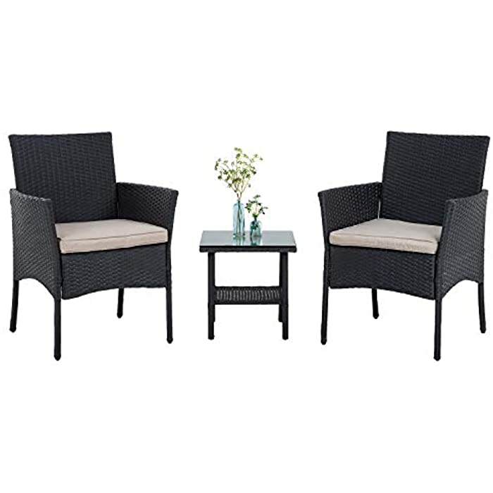 PayLessHere 3 Piece Furniture Patio Chairs Wicker Outdoor Rattan Conversation Bistro Set for Backyard Porch Poolside Lawn,Black