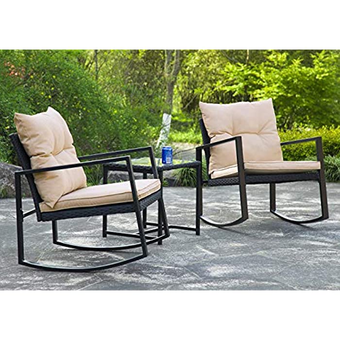 PayLessHere 3 Pieces Outdoor Wicker Patio Rocking Bistro Rattan Chair Conversation Garden Porch Furniture Sets with Coffee,Black