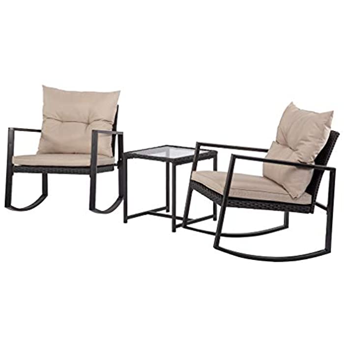 PayLessHere 3 Pieces Outdoor Wicker Patio Rocking Bistro Rattan Chair Conversation Garden Porch Furniture Sets with Coffee,Black