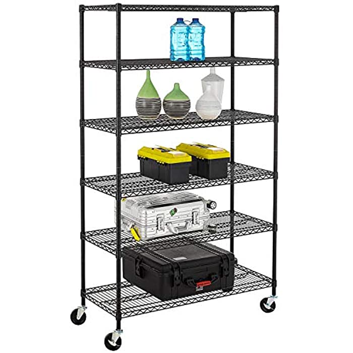 BestMassage Wire Shelving Unit Heavy Duty Garage Storage Shelves Large Metal Shelf Organizer 6-Tier Height Adjustable Commercial Grade Utility Steel Storage Rack with Wheels,18 x 48 x 76 (Black)