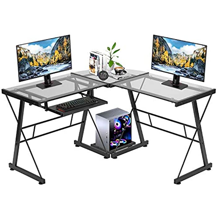 Computer Desk Gaming Desk L Shaped Corner Desk Home Office Writing Workstation Toughened Glass Study Keyboard CPU Stand PC Modern Table for Small Spaces (Clear)