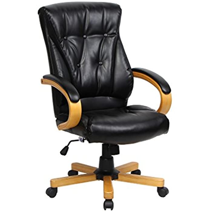Fashionable Executive High Back Bonded Leather Chair with Wood Armrests and Base, Black