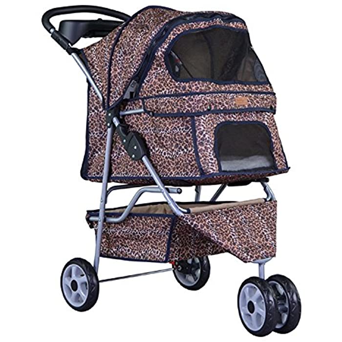 New BestPet Leopard Skin 3 Wheels Pet Dog Cat Stroller w/RainCover