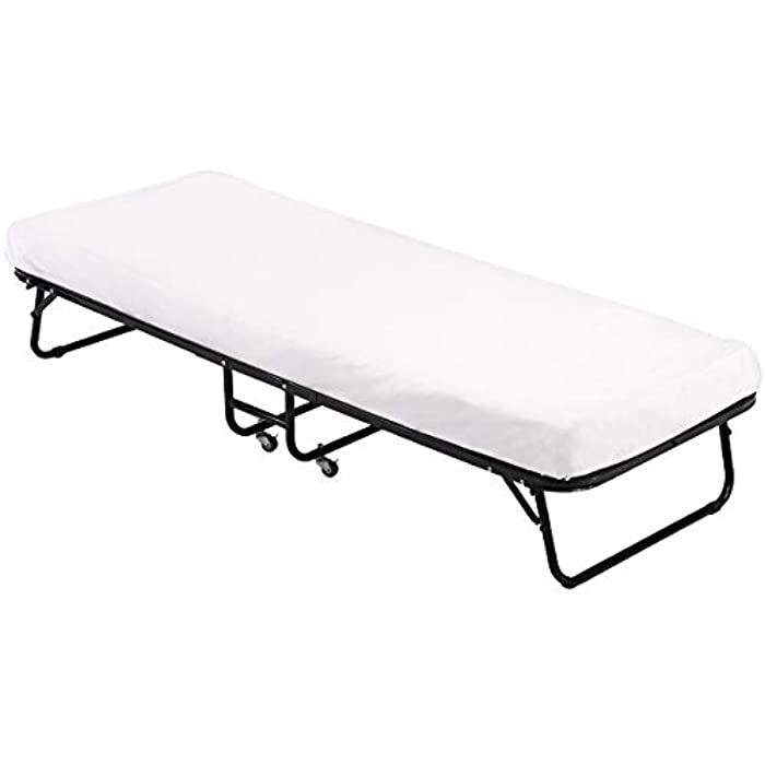 Folding Guest Bed with Wheels Portable Camping Cot Guest Beds Portable Beds Extra Roll Away Foldaway 3.9 Inch Comfort Foam Mattress Strong Sturdy Frame Heavy Duty L75W30H12 Inches，White