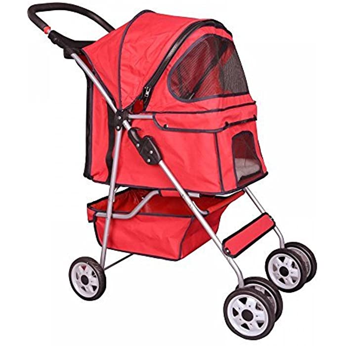Red 4 Wheels Pet Stroller Cat Dog Cage Stroller Travel Folding Carrier 04T