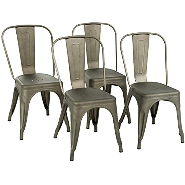 Metal Dining Chairs Set of 4 Stackable Metal Chairs Room Chair Vintage Patio Chair with Back 18 Inches Seat Height Kitchen Chair Tolix Restaurant Chairs Stackable Trattoria Indoor Outdoor Chair (Gun)