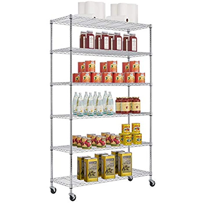 48" L×18" W×78" H Wire Shelving Unit Metal Shelf with 6 Tier Casters Adjustable Layer Rack Strong Steel for Restaurant Garage Pantry Kitchen Garage，Chrome