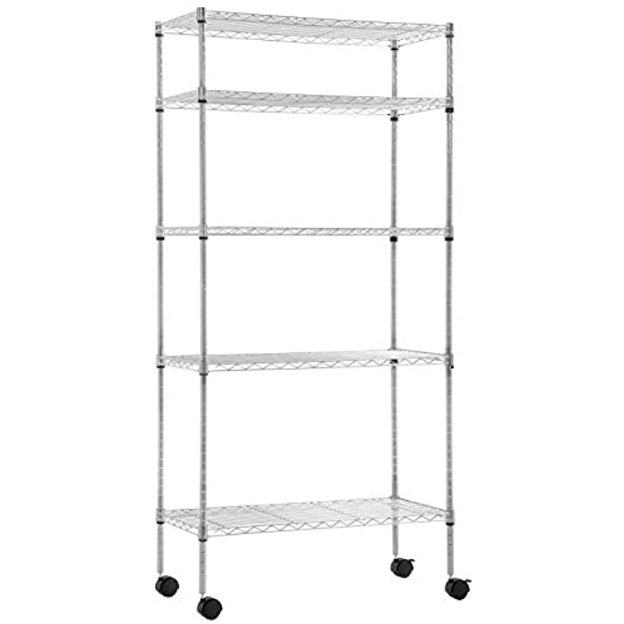 BestOffice 14"x30"x60" Storage Shelves Heavy Duty Shelving 5 Tier Layer Wire Shelving Unit with Wheels Metal Wire Shelf Standing Garage Shelves Storage Rack,Adjustable NSF Certified (Chrome)