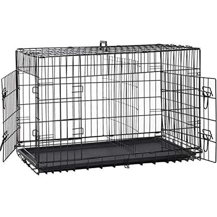 Dog Crate Kennel Pet Cage for Large Medium Dogs Travel Metal Double-Door Folding Indoor Outdoor Puppy Playpen with Divider and Handle Plastic Tray,48 42 36 30 24 inches